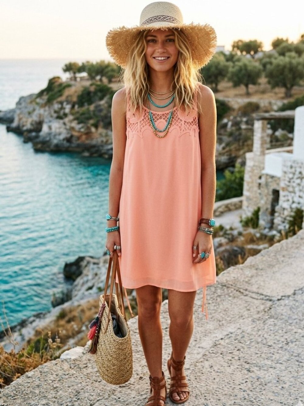 Naked Zebra NWT Peach Lace Yoke Keyhole Back Lined Shift Dress: 3471